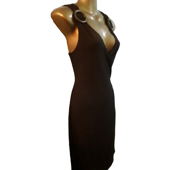 Michael Kors Sz. 8 Brown Wrap Style Bodycon Dress with Wood Circle Detail - Picture 3 of 7